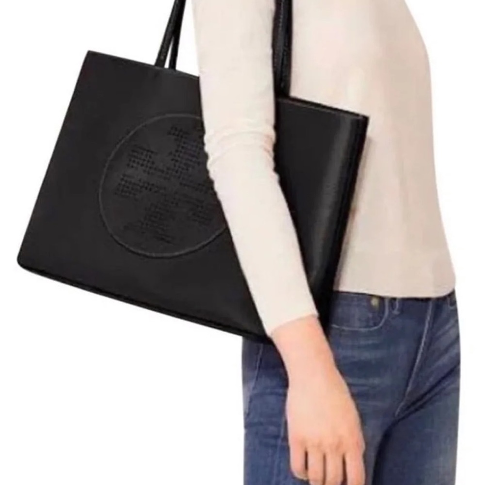 Tory Burch Perforated-logo Black Leather Tote